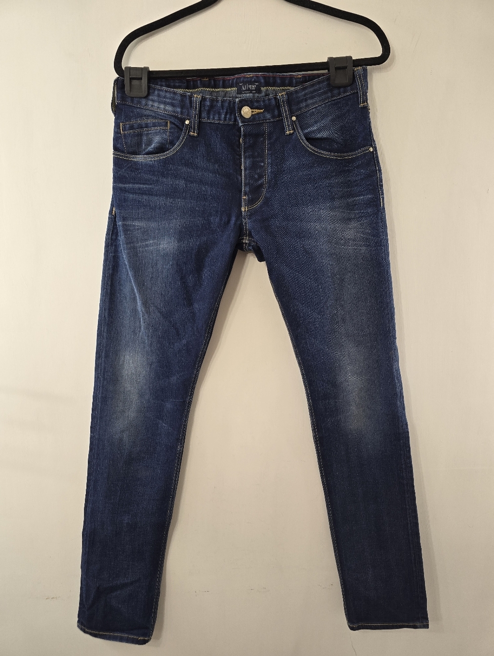 Armani Jeans J23 Slim 31 x 34 Dark Indigo Button Fly Blue Denim Whiskered Mens